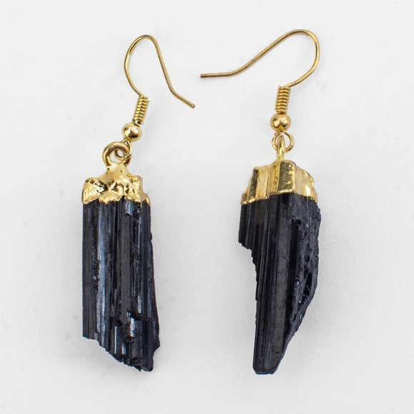Raw Black Tourmaline Protection Earrings with Gold Trim – Grounding, Positivity - Picture 6 of 7